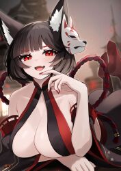 Rule 34 | 1girl, animal ear fluff, animal ears, ass, azur lane, bare shoulders, black hair, breasts, center opening, commentary request, fang, hanging breasts, highres, huge breasts, looking at viewer, lying, on stomach, pale skin, red eyes, red nails, red socks, short hair, skin fang, slit pupils, socks, solo, the pose, yamaha tsui, yamashiro (azur lane), yamashiro (meta) (azur lane)