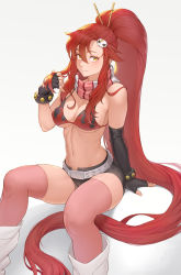 Rule 34 | 1girl, absurdly long hair, asymmetrical gloves, bare shoulders, belt, bikini, bikini top only, black gloves, black shorts, boots, breasts, cheshirrr, cleavage, closed mouth, commentary, elbow gloves, feet out of frame, gloves, hair between eyes, hair ornament, hand in own hair, high ponytail, highres, holding, holding own hair, invisible chair, knee boots, long hair, looking at viewer, medium breasts, navel, pink thighhighs, scarf, short shorts, shorts, sidelocks, single elbow glove, sitting, skull hair ornament, smile, solo, stomach, swimsuit, tengen toppa gurren lagann, thighhighs, two-tone bikini, very long hair, white footwear, yoko littner