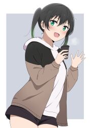 Rule 34 | 1girl, absurdres, black hair, black shorts, commentary, cup, dot nose, from below, gradient hair, green eyes, hair between eyes, highres, holding, holding cup, hood, hoodie, ikesho0612, jacket, jacket over hoodie, light blush, looking at viewer, looking down, love live!, love live! nijigasaki high school idol club, medium hair, multicolored clothes, multicolored hair, multicolored jacket, notice lines, open mouth, outside border, short shorts, shorts, smile, solo, steam, streaked hair, takasaki yu, twintails, two-tone hair, two-tone jacket, waving, white hoodie