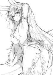 Rule 34 | 1girl, animal ears, arm behind head, armpits, ass, azur lane, blush, breasts, bridal veil, butt crack, closed mouth, dress, fake animal ears, from behind, gloves, greyscale, highres, jewelry, large breasts, leaning forward, long hair, looking at viewer, monochrome, new jersey (azur lane), new jersey (snow-white ceremony) (azur lane), official alternate costume, rabbit ears, sideboob, sketch, smile, solo, veil, wedding dress, ygcn