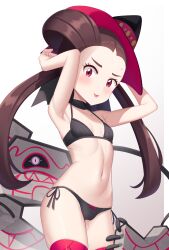 Rule 34 | 1girl, armpits, bare arms, bikini, black bikini, black choker, black headwear, blush, breasts, brown hair, choker, closed mouth, cowboy shot, creatures (company), earrings, eyelashes, game freak, gazing eye, gen 8 pokemon, gradient background, hair rings, hands up, hat, highres, jewelry, long hair, looking at viewer, mixed-language commentary, navel, nintendo, official alternate costume, pink eyes, pokemon, pokemon (creature), pokemon masters ex, roxanne (fall 2023) (pokemon), roxanne (pokemon), runerigus, side-tie bikini bottom, small breasts, smile, swimsuit, toned, tongue, tongue out, twintails, witch hat