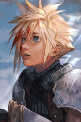 Rule 34 | 1boy, armor, blonde hair, blood, blood on face, blue eyes, cloud strife, final fantasy, final fantasy vii, hungry clicker, lips, open mouth, rain, short hair, shoulder armor, solo, spiked hair, square enix