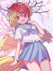 Rule 34 | 1girl, animal, animal on head, bird, bird on head, bird tail, bird wings, blonde hair, blue sailor collar, blue skirt, blush, cherry blossoms, chick, cowboy shot, feathered wings, highres, multicolored hair, niwatari kutaka, on head, open mouth, petals, pleated skirt, puuakachan, red eyes, red hair, sailor collar, school uniform, serafuku, short hair, short sleeves, skirt, smile, solo, tail, touhou, two-tone hair, whistle, whistle around neck, wings, yellow wings