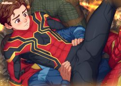 Rule 34 | 4boys, abs, age difference, bara, blush, boy on top, bulge, character request, commentary, doctor strange, english commentary, iron man, male focus, marvel, marvel cinematic universe, multiple boys, solo focus, spider-man, spider-man (series), spread legs, suiton, tony stark, yaoi