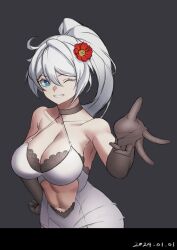 Rule 34 | 1girl, alternate costume, black choker, black gloves, blue eyes, breasts, choker, cleavage, clothing cutout, collarbone, commentary request, dated, elbow gloves, flower, gloves, grey background, hair between eyes, hair flower, hair ornament, highres, honkai (series), honkai impact 3rd, junik (snrj2255), kiana kaslana, large breasts, long hair, looking at viewer, midriff, navel, one eye closed, open mouth, ponytail, simple background, smile, solo, stomach cutout, teeth, upper body, white hair