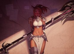 Rule 34 | 1girl, animal ears, armor, bikini armor, boots, brown hair, cat ears, commission, dragoon, dragoon (final fantasy), faulds, final fantasy, final fantasy xiv, gauntlets, greaves, highres, holding, holding weapon, loincloth, midriff, miqo&#039;te, navel, open mouth, pauldrons, polearm, qtori, short hair, short ponytail, shoulder armor, solo, standing, thigh boots, thighhighs, vambraces, weapon, yellow eyes