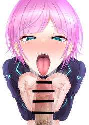 Rule 34 | 1boy, 1girl, bar censor, blazer, blue eyes, blush, censored, cupping hands, highres, hukahire113, jacket, long sleeves, looking at penis, male pubic hair, nijisanji, nose blush, open mouth, oral invitation, own hands together, parted bangs, penis, pink hair, pubic hair, saliva, school uniform, shirt, short hair, solo focus, tongue, tongue out, virtual youtuber, white background, white shirt, yuuhi riri, yuuhi riri (1st costume)