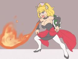Rule 34 | 1girl, animated, armlet, bare shoulders, black collar, black dress, black footwear, blonde hair, blue eyes, blue gemstone, blush, bowsette, bracelet, breasts, breath weapon, breathing fire, bursting breasts, cleavage, closed eyes, clothes lift, collar, crown, detached sleeves, dress, fighting stance, fire, flat color, forked eyebrows, from side, full body, gameplay mechanics, gem, grey background, half-closed eyes, high heels, high ponytail, horns, imaani, jewelry, large breasts, legs apart, long sleeves, looking afar, mario (series), medium hair, nail polish, new super mario bros. u deluxe, nintendo, open mouth, pantyhose, ponytail, princess, red skirt, sharp teeth, short dress, showgirl skirt, simple background, sketch, skirt, skirt hold, skirt lift, smile, solo, spiked armlet, spiked bracelet, spiked collar, spiked shell, spikes, squatting, strapless, super crown, super smash bros., sweat, teeth, thick eyebrows, turtle shell, v-shaped eyebrows, video, white nails, white pantyhose, wince, wind, wind lift