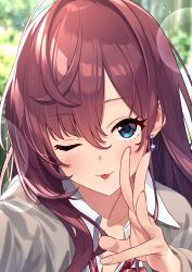 Rule 34 | 1girl, ;3, ;p, absurdres, baffu, blue eyes, blush, bow, bowtie, brown hair, cardigan, day, earrings, hair between eyes, highres, ichinose shiki, idolmaster, idolmaster cinderella girls, jewelry, lips, long hair, looking at viewer, one eye closed, outdoors, red bow, red bowtie, school uniform, shirt, smile, solo, striped, striped bow, tongue, tongue out, upper body, wavy hair, white shirt