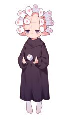 Rule 34 | 1girl, bald, bald girl, black robe, commentary request, cube, food, forehead, full body, hellraiser, highres, ice cream, long sleeves, no shoes, pantyhose, pointy ears, purple eyes, robe, simple background, sleeves past wrists, solo, tsubasa tsubasa, white background, white pantyhose