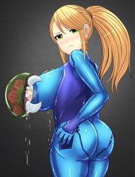 Rule 34 | 1girl, absurdres, ass, blonde hair, blush, bodysuit, breasts, cameltoe, green eyes, highres, huge breasts, lactation, long hair, looking at viewer, looking back, metroid, metroid (creature), mole, mole under mouth, monster, nintendo, ponytail, pussy juice, samus aran, skin tight, solo, yom-kyunkyunartworks, zero suit