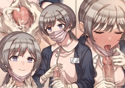 Rule 34 | 1boy, 1girl, afterimage, censored, closed eyes, closed mouth, covered mouth, cum, cum on hands, ejaculation, erection, erere, glansjob, gloved handjob, gloves, grey hair, handjob, hetero, idolmaster, idolmaster shiny colors, long hair, long sleeves, mask, mask pull, mosaic censoring, mouth mask, open mouth, penis, projectile cum, purple eyes, saliva, saliva trail, smile, surgical mask, tongue, tongue out, two-handed handjob, yukoku kiriko