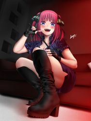 Rule 34 | 1girl, artist name, black footwear, black skirt, blue eyes, boots, breasts, cleavage, couch, danp016, fingerless gloves, gloves, go-toubun no hanayome, hair ribbon, high heel boots, high heels, highres, indoors, knee boots, looking at viewer, medium hair, nail polish, nakano nino, open mouth, pink nails, red eyes, ribbon, riding crop, round teeth, short sleeves, skirt, solo, squatting, teeth