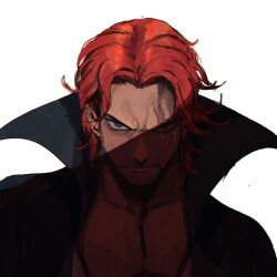 Rule 34 | 1boy, eslam aboshady, facial hair, frown, looking at viewer, male focus, mature male, one piece, partially shaded face, pectoral cleavage, pectorals, red hair, scar, scar across eye, scar on face, shanks (one piece), short hair, solo