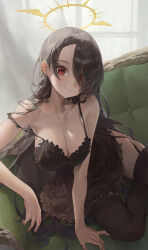 Rule 34 | 1girl, absurdres, bare shoulders, black thighhighs, blue archive, blush, breasts, cleavage, closed mouth, collarbone, commentary request, couch, earrings, eyes visible through hair, hair over one eye, halo, highres, hinata (blue archive), jewelry, large breasts, long hair, looking at viewer, muhan (user azze8777), red eyes, smile, solo, thighhighs, thighs
