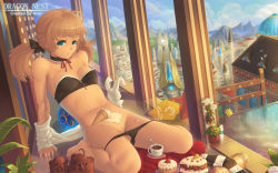 Rule 34 | 10s, 1girl, aner (qqan00), arm support, bad id, bad pixiv id, barefoot, blonde hair, blue eyes, rabbit, cake, cityscape, cloud, coffee, day, dragon nest, flower, food, fruit, hair ribbon, highres, ice cream, ice cream cone, lingerie, panorama, panties, panty pull, ribbon, sexually suggestive, sky, solo, strawberry, stuffed animal, stuffed toy, teddy bear, twintails, underwear, window, zipper