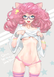 Rule 34 | 1girl, animal ears, blue eyes, bracelet, breasts, cat ears, clothes lift, fang, glasses, hitowa, jewelry, long hair, medium breasts, multicolored clothes, multicolored legwear, original, panties, pink hair, pink panties, smile, solo, star (symbol), striped clothes, striped thighhighs, thighhighs, thighs, underboob, underwear