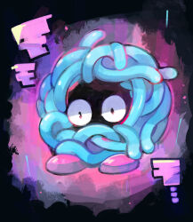 Rule 34 | black background, black eyes, commentary request, creature, creatures (company), game freak, gen 1 pokemon, nintendo, no humans, pink background, pink footwear, pokemon, pokemon (creature), shoes, simple background, solo, string, tangela, terada tera, translation request, two-tone background, vignetting, wide-eyed