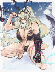Rule 34 | 1girl, aqua eyes, armlet, breasts, chain, barghest (fate), fairy knight gawain (ice warrior) (fate), fate/grand order, fate (series), hair ornament, heterochromia, highres, holding, holding weapon, large breasts, long hair, looking back, nail, navel, pink eyes, solo, squatting, swimsuit, ushinoyavi, very long hair, weapon