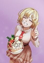 Rule 34 | 1girl, belt, blonde hair, blush, brown belt, brown skirt, cake, candle, closed eyes, collared shirt, commentary, cream, cream on face, english commentary, food, food on face, fruit, hair ornament, happy birthday, high-waist skirt, holding, holding cake, holding food, hololive, hololive english, iskaydi, kiwi (fruit), magnifying glass, plaid, plaid skirt, pointing, pointing up, purple background, shirt, shirt tucked in, skirt, smile, solo, strawberry, virtual youtuber, watson amelia, watson amelia (1st costume), white shirt