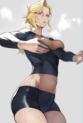 Rule 34 | 1girl, absurdres, ballroom e youkoso, black shirt, black shorts, blonde hair, breasts, brown eyes, cleavage, cleavage cutout, clothing cutout, forehead, highres, hyoudou marisa, large breasts, long hair, long sleeves, looking at viewer, midriff, mole, mole under mouth, navel, shirt, shorts, solo, thighs, yoshio (55level)