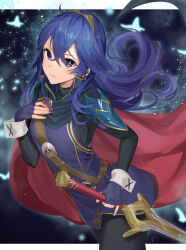 Rule 34 | 1girl, armor, belt, black sweater, blue cape, blue eyes, blue gloves, blue hair, blush, brown belt, cape, closed mouth, commentary, falchion (fire emblem), fingerless gloves, fire emblem, fire emblem awakening, floating hair, gloves, hair between eyes, haru (nakajou-28), highres, holding, holding sword, holding weapon, long hair, looking at viewer, lucina (fire emblem), nintendo, pauldrons, red cape, ribbed sweater, shoulder armor, solo, sweater, sword, symbol-only commentary, tiara, turtleneck, turtleneck sweater, two-tone cape, weapon