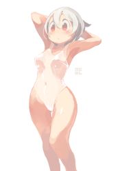 Rule 34 | 1girl, armpits, blush, female focus, highres, navel, one-piece swimsuit, original, sakamoto ahiru, see-through, silver hair, simple background, solo, swimsuit, white background