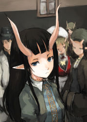 Rule 34 | 1boy, 4girls, black hair, blonde hair, blue eyes, blurry, brown hair, bug, butterfly, depth of field, face, hat, horns, insect, kasa (hitori sanka), long hair, multiple girls, oni, open mouth, original, pointy ears, sleeves past wrists, solo focus