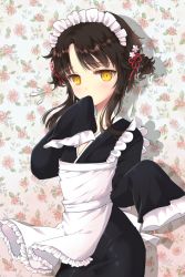Rule 34 | 1girl, alternate costume, apron, bittersweet (dalcoms), blush, brown hair, covering own mouth, enmaided, flower, hands in opposite sleeves, japanese clothes, kimono, lolita fashion, maid, maid apron, maid headdress, mole, short hair, sita vilosa, sleeves past wrists, solo, sword girls, wa lolita, wa maid, yellow eyes