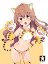 Rule 34 | 1girl, aisaka taiga, animal ears, animal hands, animal print, bikini, brown eyes, brown hair, chinese zodiac, claws, cowboy shot, fang, flat chest, gloves, halterneck, honda naoki, leaning forward, long hair, looking at viewer, open mouth, paw gloves, solo, standing, swimsuit, tail, thighhighs, tiger ears, tiger print, tiger tail, toradora!, year of the tiger, yellow thighhighs