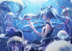Rule 34 | 1girl, air bubble, black dress, blue eyes, blue hair, blue theme, blurry, bubble, colored eyelashes, depth of field, dress, fish, floating hair, from side, hair ribbon, hand on own chest, hatsune miku, jellyfish, light rays, long hair, ocean, ouu min, profile, reaching, ribbon, shinkai shoujo (vocaloid), sleeveless, sleeveless dress, submerged, tears, twintails, underwater, vocaloid