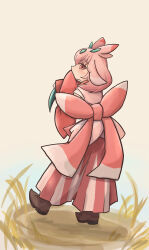 Rule 34 | 1girl, absurdres, back bow, blush, bow, brown footwear, creatures (company), detached sleeves, female focus, from behind, full body, game freak, gen 7 pokemon, grass, hair ornament, hakama, hakama pants, hands up, highres, humanization, japanese clothes, kimono, leg up, looking at viewer, looking back, lurantis, medium hair, namakura g, nintendo, pants, pink bow, pink hair, pink hakama, pink kimono, pointy footwear, pokemon, red eyes, shoes, sidelocks, simple background, sleeveless, sleeveless kimono, sleeves past fingers, sleeves past wrists, slit pupils, solo, standing, standing on one leg, yellow background