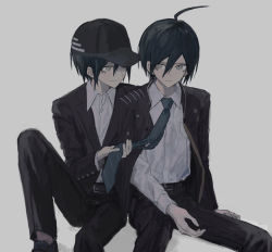 Rule 34 | 2boys, ahoge, arm support, black hair, black headwear, black jacket, black pants, brown eyes, collared shirt, danganronpa (series), danganronpa v3: killing harmony, diagonal-striped clothes, diagonal-striped necktie, diagonal-striped neckwear, dress shirt, dual persona, green neckwear, grey background, hair between eyes, highres, iumi urura, jacket, knee up, looking at another, male focus, multiple boys, necktie, official alternate costume, open clothes, open jacket, pants, saihara shuichi, shirt, shirt tucked in, simple background, sitting, smile, striped clothes, striped jacket, striped neckwear, striped pants