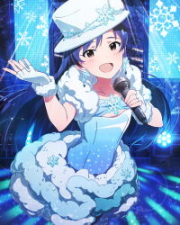 Rule 34 | 10s, 1girl, :d, blue hair, blush, brown eyes, earrings, fingerless gloves, fur trim, gloves, hat, hat ornament, idolmaster, idolmaster (classic), idolmaster million live!, jewelry, kisaragi chihaya, long hair, looking at viewer, microphone, million live card, official art, open mouth, smile, snowflake earrings, snowflakes, solo, white gloves