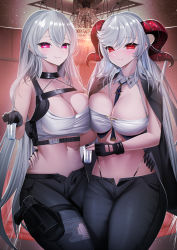 Rule 34 | 2girls, avrora (azur lane), avrora (not cut out for this?) (azur lane), azur lane, choker, crossover, cup, denim, detached collar, drinking glass, fingerless gloves, fire emblem, fire emblem heroes, freyja (fire emblem), gdat, gloves, gun, hand on another&#039;s waist, highres, holstered, horns, jeans, multiple girls, navel, nintendo, open fly, pants, red eyes, red horns, shot glass, sovetskaya rossiya (azur lane), sovetskaya rossiya (the lackadaisical lookout) (azur lane), tank top, torn clothes, torn pants, weapon, whale tail (clothing), white hair