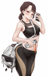 Rule 34 | 1girl, bag, bare shoulders, between breasts, black pants, blush, bottle, breasts, brown eyes, brown hair, chinese commentary, commentary request, hand up, heart, heart-shaped pupils, highres, holding, holding bottle, holding phone, l ract, looking at viewer, medium breasts, navel, original, pants, parted lips, phone, shoulder bag, solo, sports bra, stomach, strap between breasts, symbol-shaped pupils, white background