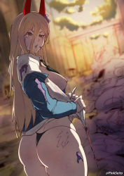 Rule 34 | 1girl, ass, black necktie, black pants, blonde hair, blood, blood on ass, blood on clothes, blue jacket, breasts, brown eyes, chainsaw man, collared shirt, debris, hair between eyes, horns, huge ass, jacket, jacket partially removed, looking at viewer, looking back, medium breasts, necktie, orphen (pink seito), panties, pants, pile of corpses, power (chainsaw man), red horns, shirt, short hair, sky, solo, stylized blood, thick thighs, thighs, twitter username, underwear, white shirt, wringing clothes, yellow sky, yellow theme