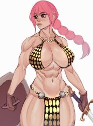 Rule 34 | 1girl, abs, absurdres, alternate muscle size, armor, bikini armor, braid, braided ponytail, breasts, broad shoulders, gloves, gold armor, highres, holding, holding weapon, large breasts, loincloth, looking to the side, muscular, muscular arms, muscular female, muscular legs, one piece, pink hair, rebecca (one piece), simple background, standing, sword, thick thighs, thighs, weapon, white background, ykshelter