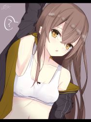 Rule 34 | 1girl, ?, armpits, bad id, bad pixiv id, bare shoulders, black jacket, blush, bow, bow bra, bra, breasts, brown background, brown eyes, brown hair, collarbone, commentary request, girls&#039; frontline, hair between eyes, highres, jacket, leaning to the side, long hair, looking at viewer, navel, off shoulder, open clothes, open jacket, parted lips, ramchi, signature, simple background, small breasts, solo, spoken question mark, training bra, ump45 (girls&#039; frontline), underwear, upper body, very long hair, white bra