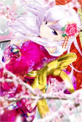 Rule 34 | 1girl, 2018, alternate costume, azur lane, belfast (azur lane), commentary request, floral print, flower, furisode, hair flower, hair ornament, happy new year, highres, japanese clothes, kimono, long hair, long sleeves, looking at viewer, nengajou, new year, obi, purple eyes, red kimono, sash, smile, solo, user uerv2735, wide sleeves