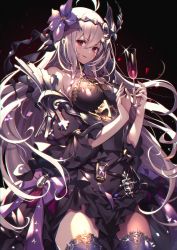 Rule 34 | 1girl, armor, armored dress, bad id, bad pixiv id, bare shoulders, belt, black dress, blush, bow, braid, breasts, cup, dark jeanne, diadem, dress, drinking glass, flower, granblue fantasy, hair between eyes, hair flower, hair ornament, halterneck, highres, homaderi, large breasts, long hair, looking at viewer, open mouth, purple bow, purple legwear, red eyes, smile, solo, sparkle, thighs, twin braids, very long hair, white hair