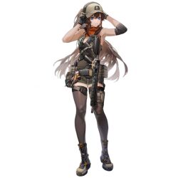 Rule 34 | 1girl, alpha transparency, ascot, assault rifle, baseball cap, battle rifle, belt pouch, blue eyes, boots, brown hair, carbine, cm901 (girls&#039; frontline), colt cm901, full body, girls&#039; frontline, gloves, gun, hat, headset, highres, long hair, modular weapon system, orange ascot, parted lips, pouch, rff (3 percent), rifle, short shorts, shorts, simple background, sleeveless, solo, standing, thighhighs, third-party source, transparent background, very long hair, weapon