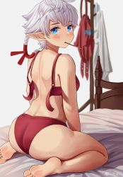 Rule 34 | 1girl, alisaie leveilleur, ass, back, barefoot, bed, blue eyes, blurry, blurry background, blush, bra, unworn clothes, elezen, elf, feet, final fantasy, final fantasy xiv, food, food in mouth, highres, light blush, looking at viewer, looking back, open bra, panties, pocky, pocky in mouth, pointy ears, ponytail, red bra, red panties, sitting, soles, solo, toes, underwear, ver-aero, wariza, white hair