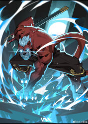 Rule 34 | 1boy, absurdres, bara, blue fire, crack, cracked floor, energy, eye trail, fighting stance, fire, full body, furry, furry male, glowing, glowing eyes, grin, hand on floor, highres, holding, holding sheath, leaning forward, light trail, looking at viewer, male focus, muscular, muscular male, mutton chops, orange fur, original, pyrokinesis, sheath, short hair, smile, solo, spiked hair, thick eyebrows, topless male, wx2019 wx
