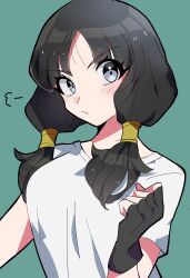 Rule 34 | 1girl, black hair, blue eyes, breasts, closed mouth, dragon ball, dragonball z, fingerless gloves, gloves, highres, long hair, looking at viewer, na (niruo3), shirt, simple background, solo, twintails, videl, white shirt