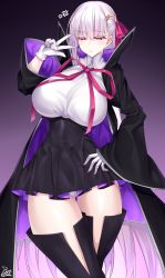 Rule 34 | 1girl, anger vein, bb (fate), bb (fate) (cosplay), bb (fate/extra), black coat, black legwear, black skirt, blush, breasts, circlet, coat, cosplay, fate/extra, fate/extra ccc, fate/grand order, fate (series), gloves, gradient background, hair ribbon, high-waist skirt, highres, kama (fate), large breasts, leotard, long hair, long sleeves, looking at viewer, neck ribbon, open clothes, open coat, popped collar, purple background, red eyes, red ribbon, ribbon, silver hair, skirt, solo, thighs, very long hair, w, watosu, white gloves, white leotard, wide sleeves