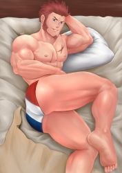 Rule 34 | 1boy, abs, absurdres, ass, ass focus, bara, bare shoulders, barefoot, beard, biceps, blue eyes, brown hair, censored, facial hair, fate/grand order, fate (series), french flag, full body, highres, looking at viewer, male focus, muscular, napoleon bonaparte (fate), nipples, on bed, pectorals, scar, scar on chest, sideburns, smile, solo, thighs, xhromer