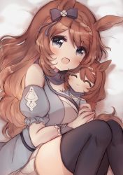 Rule 34 | 1girl, animal ears, bare shoulders, black thighhighs, blush, bow, braid, breasts, brown hair, character doll, closed eyes, closed mouth, commentary request, hugging doll, grey eyes, hair bow, highres, horse ears, long hair, looking at viewer, lying, nanohana, hugging object, on side, open mouth, smile, solo, stuffed toy, super creek (umamusume), thighhighs, umamusume