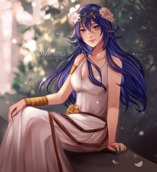 Rule 34 | 1girl, armlet, artist name, bare shoulders, blue eyes, blue hair, bracelet, closed mouth, dress, fire emblem, fire emblem awakening, fire emblem heroes, flower, hair between eyes, hair flower, hair ornament, highres, jewelry, long hair, looking at viewer, lucina (fire emblem), lucina (valentine) (fire emblem), nintendo, official alternate costume, schereas, sitting, sleeveless, sleeveless dress, smile, solo, white dress
