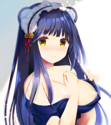 Rule 34 | 1girl, animal ears, areola slip, azur lane, bare shoulders, bell, black dress, black hair, blush, breasts, commentary request, dress, hair ornament, hand on own chest, highres, jingle bell, large breasts, long hair, looking at viewer, maid headdress, naganami (azur lane), nipples, no bra, off shoulder, parted lips, purple hair, simple background, skunk ears, skunk girl, smile, solo, takashina asahi, upper body, white background, yellow eyes